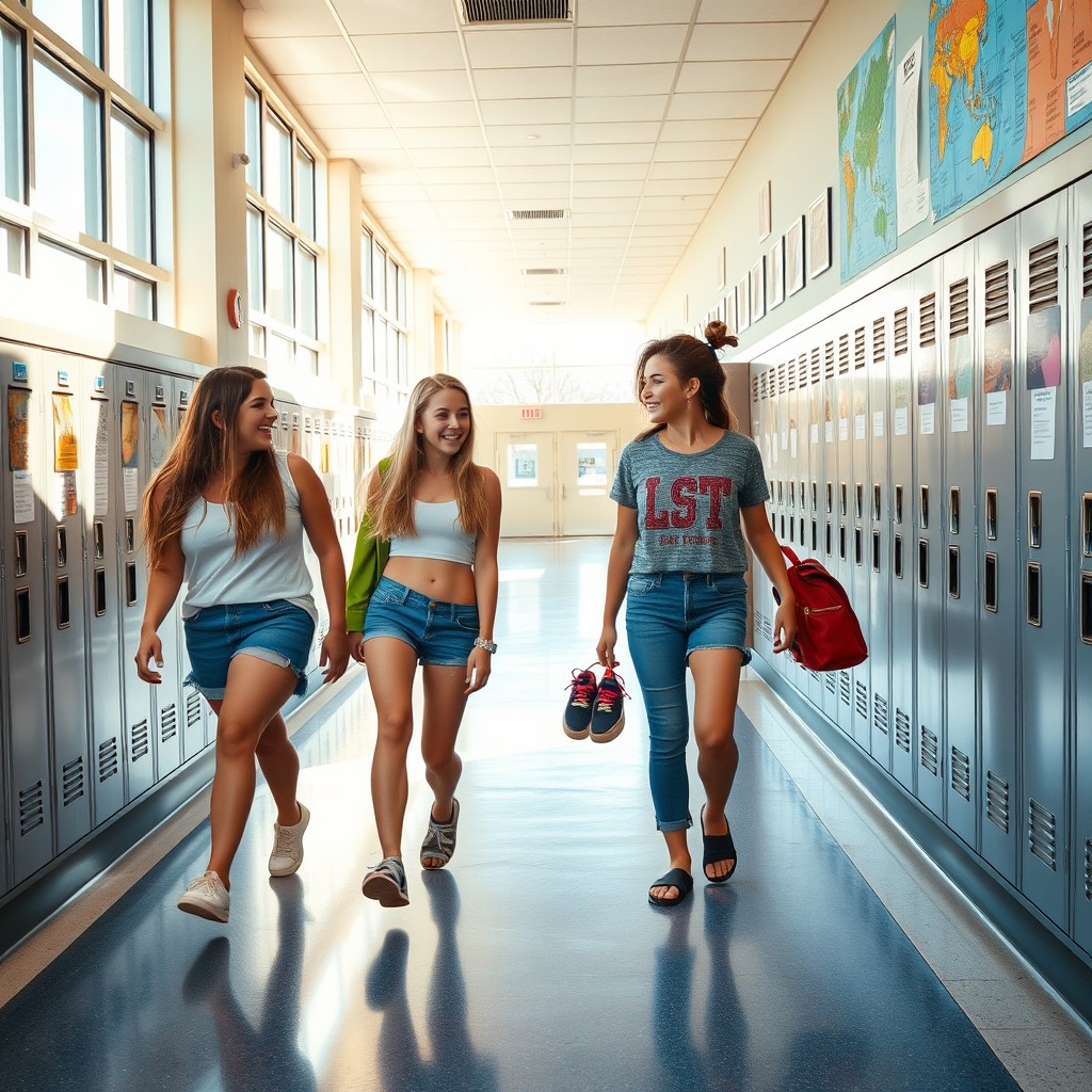 A vibrant high school hallway with four girls walking together, laughing and chatting