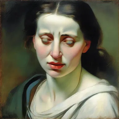 In the painting, the woman's face seems to squall with a mixture of pain and sorrow.