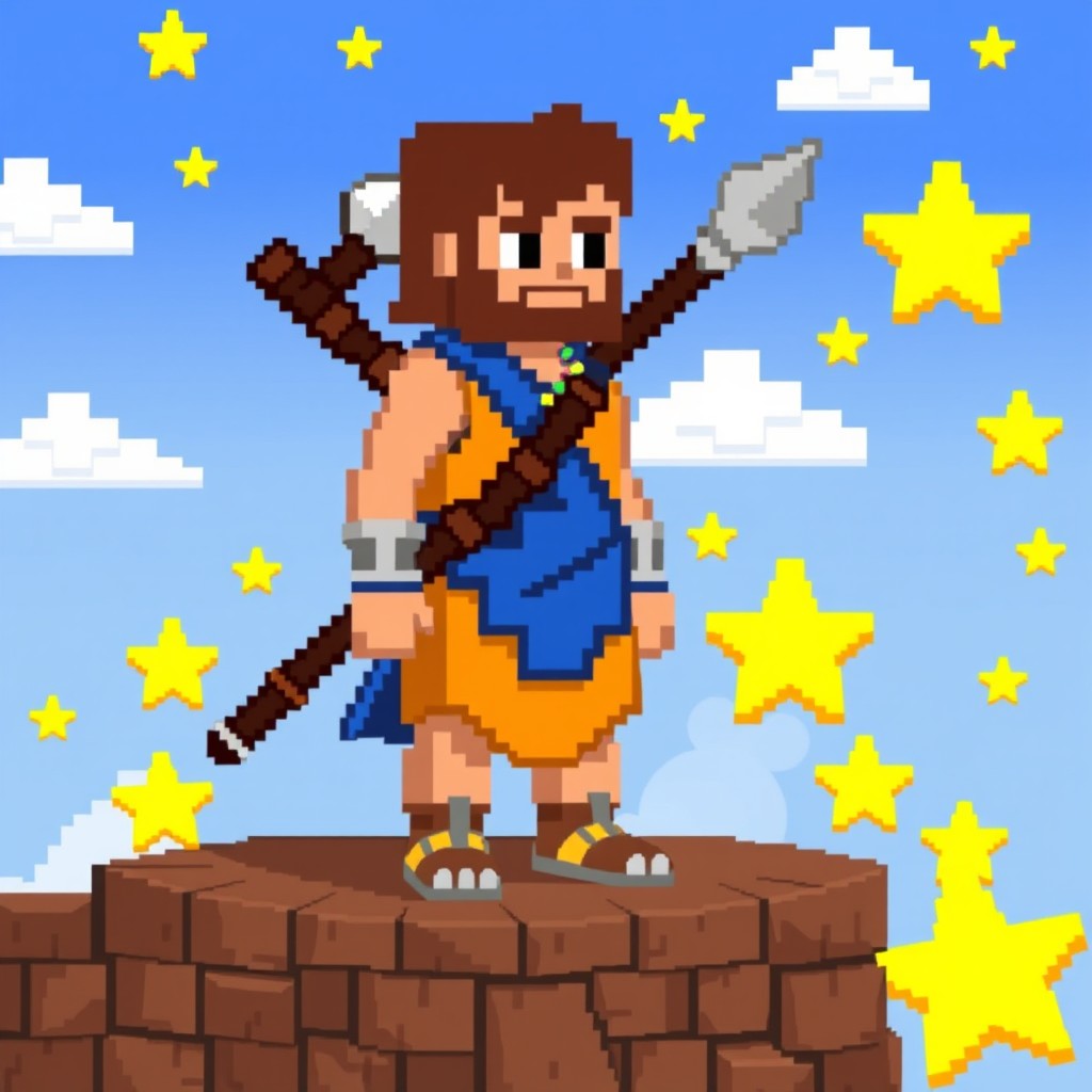 A heavily pixelated 8-bit character design resembling a classic retro video game sprite, featuring large, blocky pixels with significantly reduced details