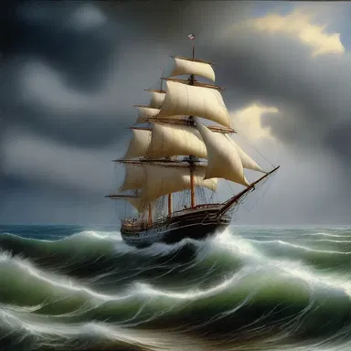 In the artist's masterpiece, a lone ship battled the raging ocean as dark clouds gathered above, ready to squall at any moment.