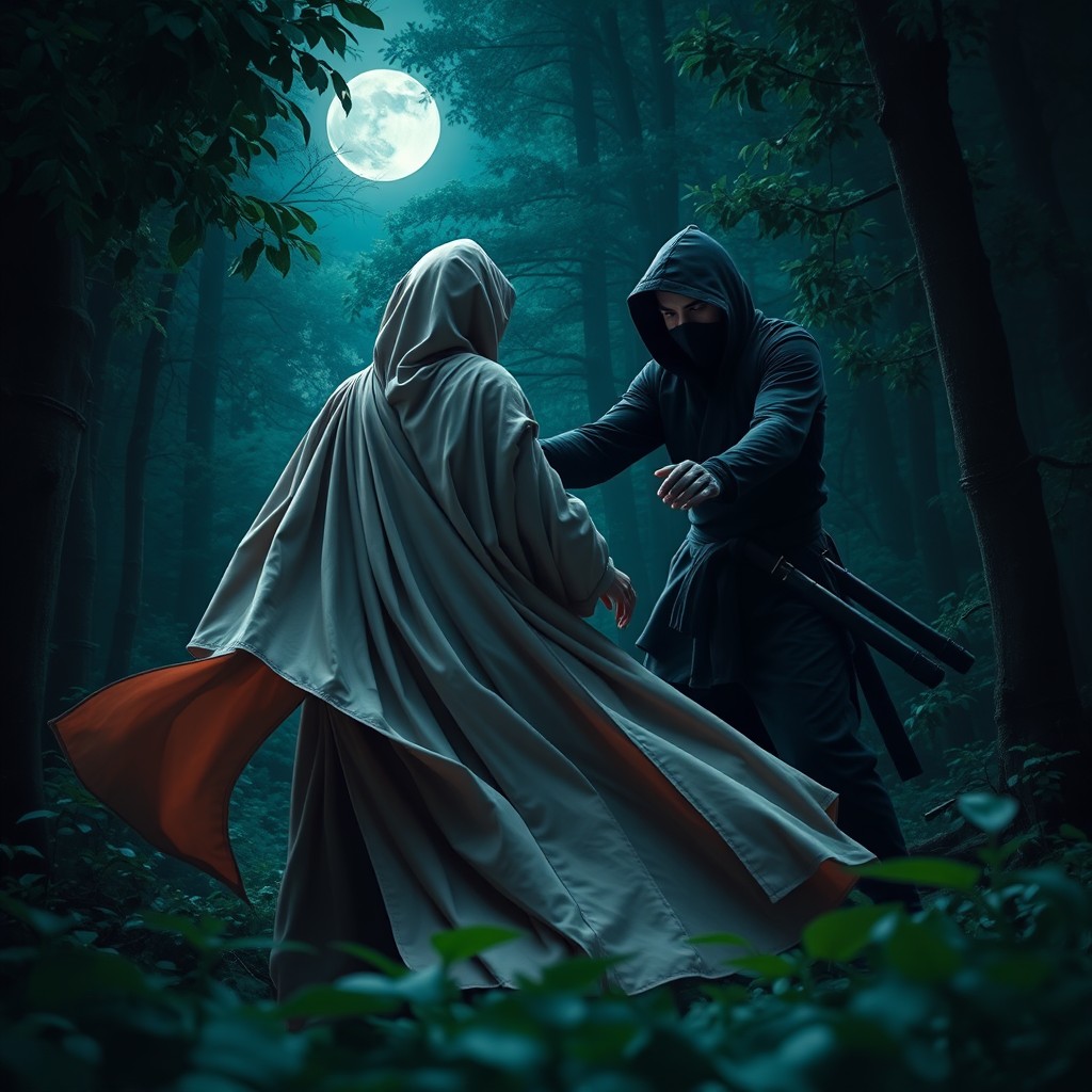 A romantic book cover featuring a mysterious cloaked figure gracefully moving away from a stealthy ninja in a lush, moonlit forest