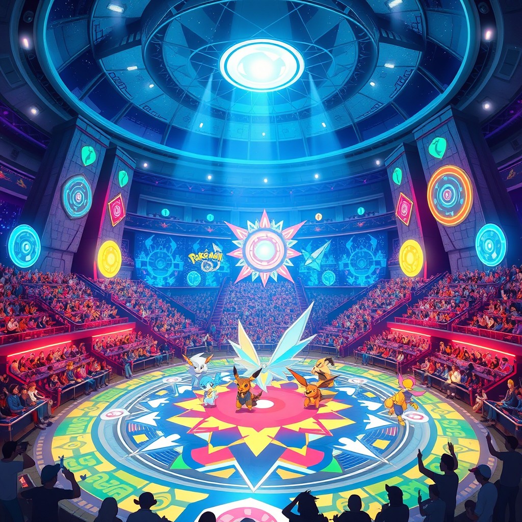 A vibrant and dynamic Pokémon Elite Four arena, showcasing a colossal, futuristic battle arena filled with colorful and detailed Pokémon motifs