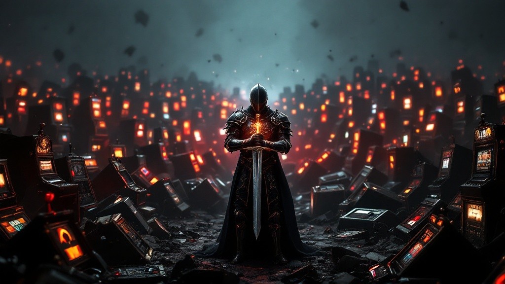 A hyper-realistic gothic-themed render featuring a knight named Donny standing triumphantly amidst a chaotic battlefield filled with wrecked and broken slot machines stretching as far as the eye can see