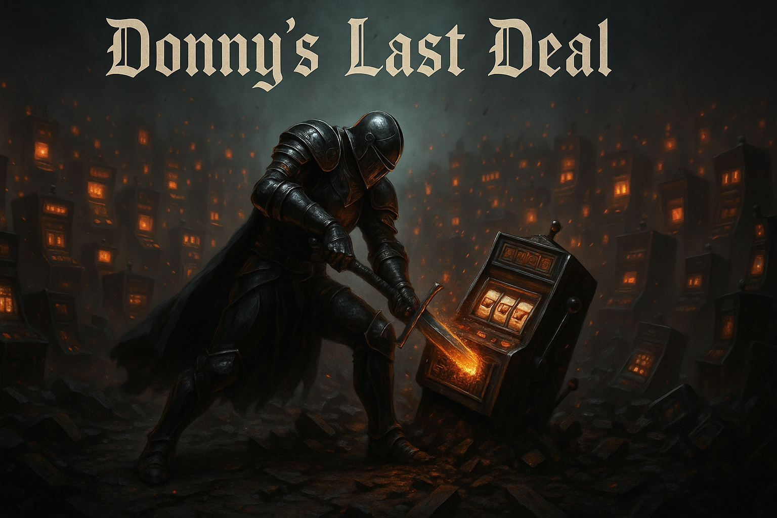 Create a better pose for the knight. Like he's killing a slot machine. Have the text "Donny's Last Deal" in a gothic font