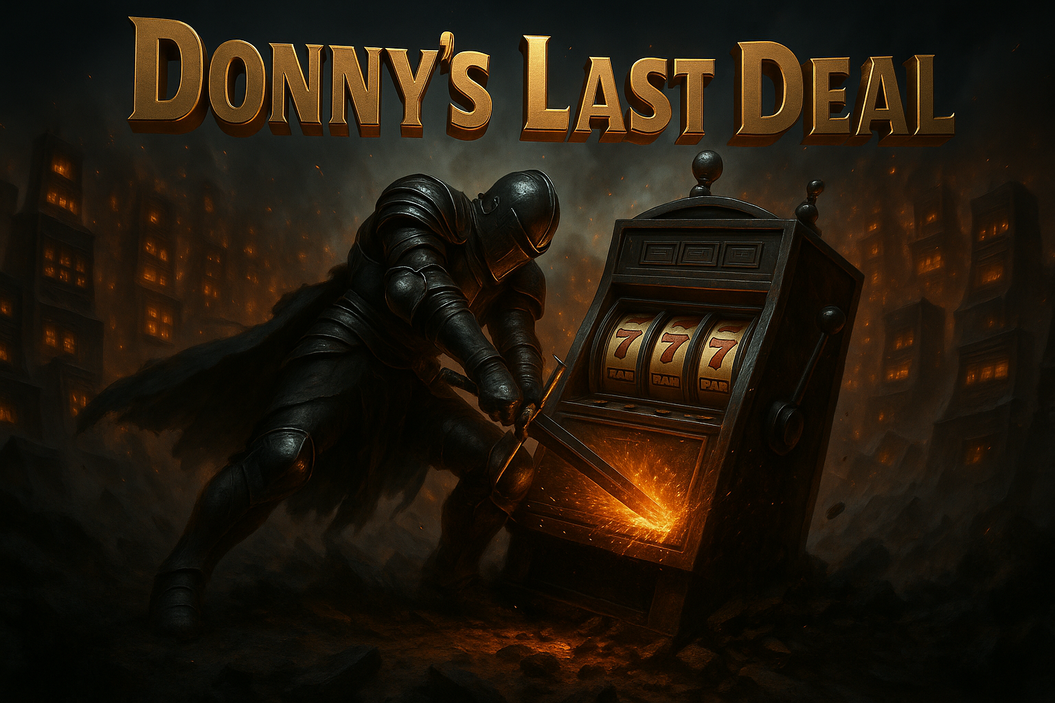Make the scene more epic and the slot machine larger. The pose needs to look like he's really struggled to kill this slot machine. The text needs to be in a 3D render