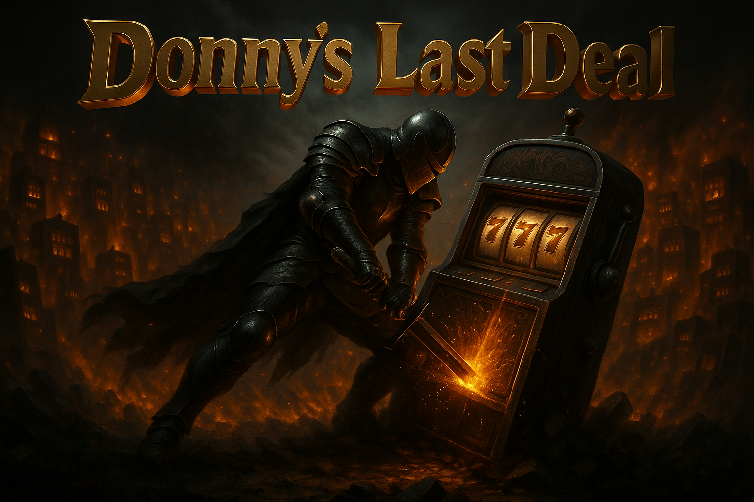 Make the scene more epic and the slot machine larger. The pose needs to look like he's really struggled to kill this slot machine. The text needs to be in a 3D render