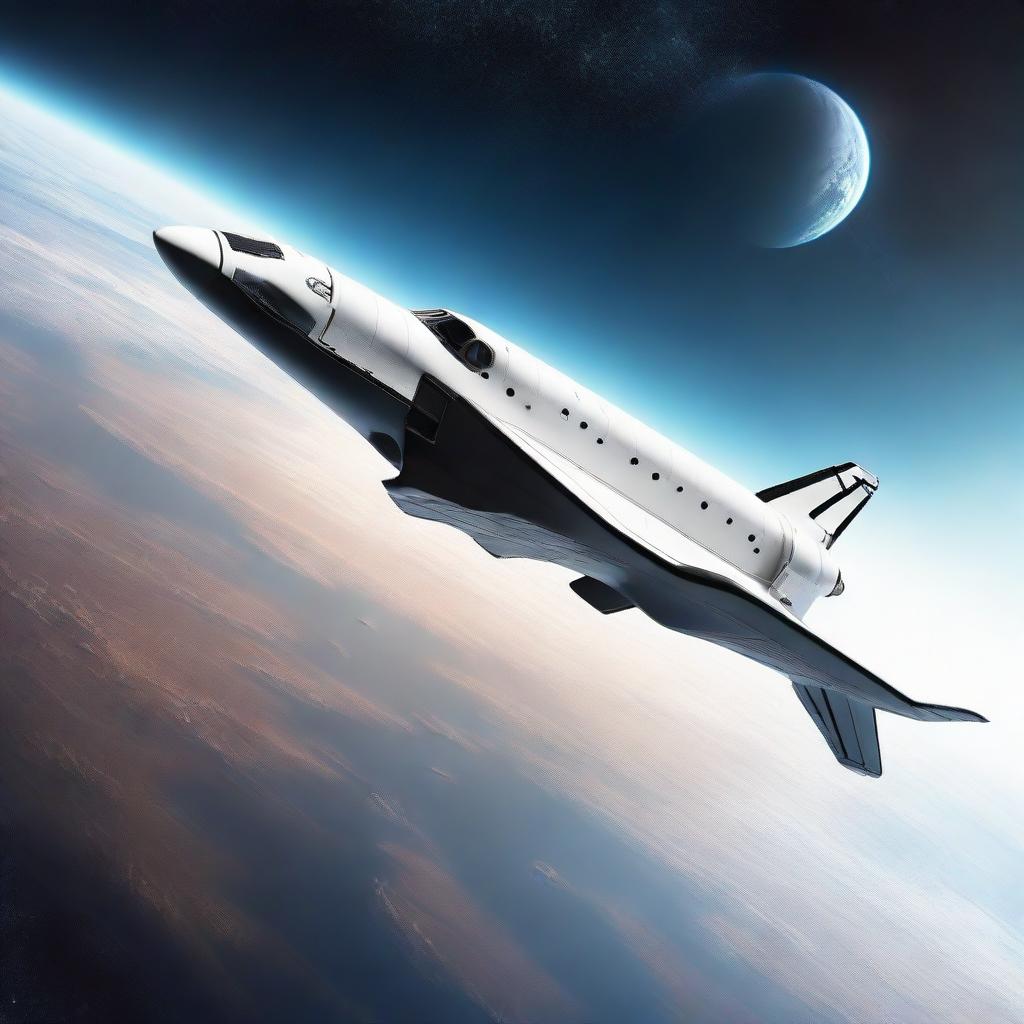 A concept scene of a futuristic prototype space shuttle navigating the edge of space, with breathtaking backdrop of the cosmos, stars and the curvature of Earth.