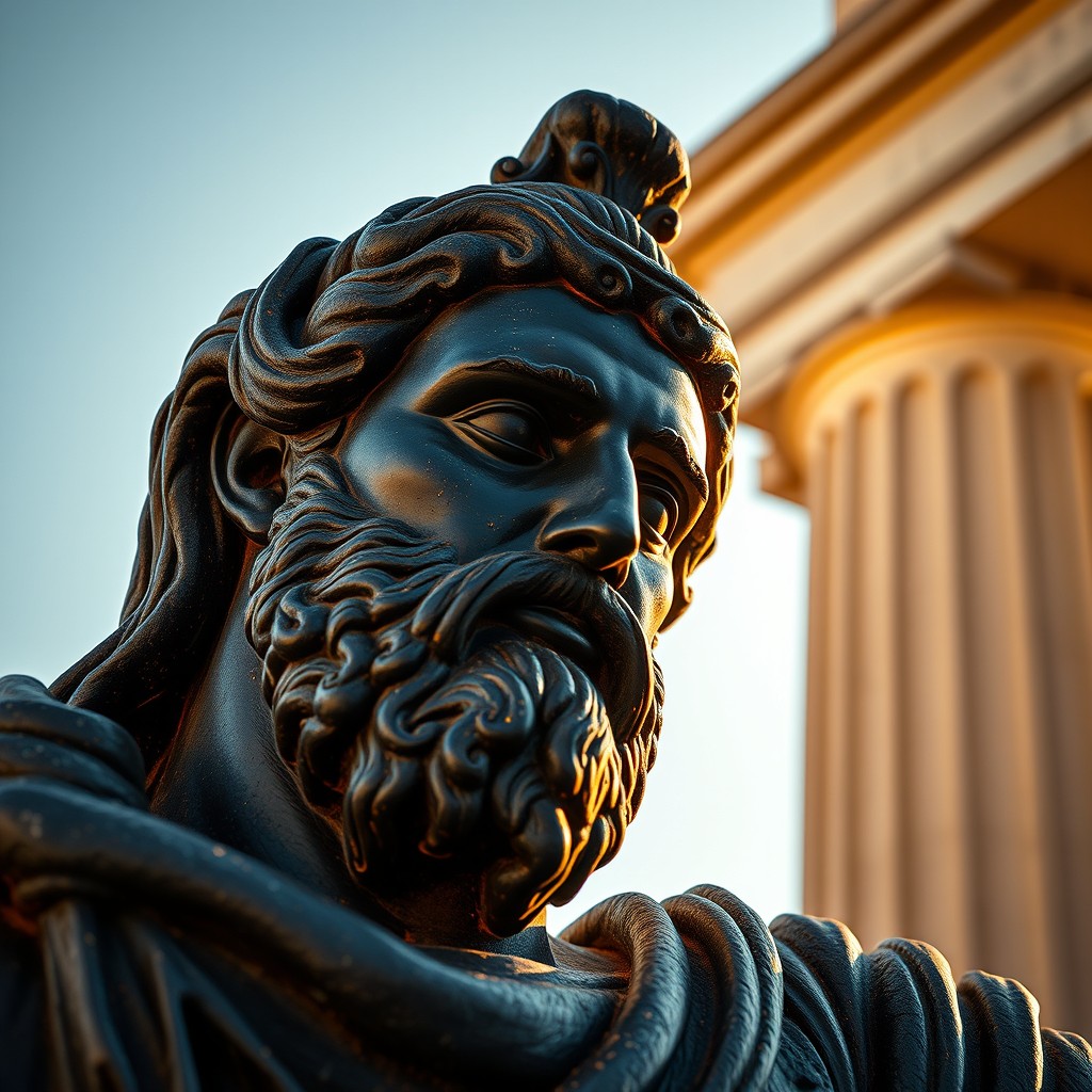 A powerful close-up of a majestic Greek philosopher statue, beautifully carved with intricate details