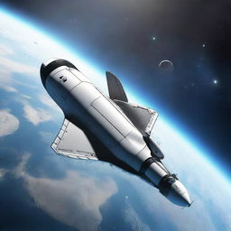 A concept scene of a futuristic prototype space shuttle navigating the edge of space, with breathtaking backdrop of the cosmos, stars and the curvature of Earth.