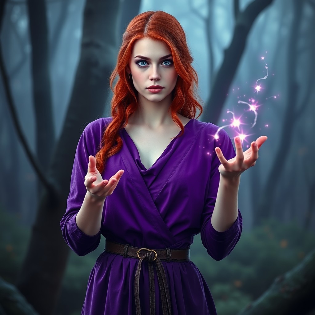 A captivating portrait of a female human mage with vivid red hair, dressed in simple purple clothing that emphasizes her magical presence