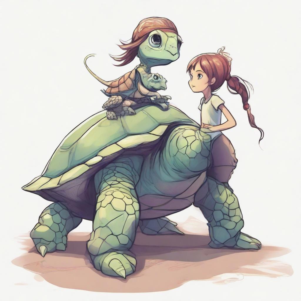 Fantasy creature with the body of a turtle and the head of a young girl, creating a unique monster.