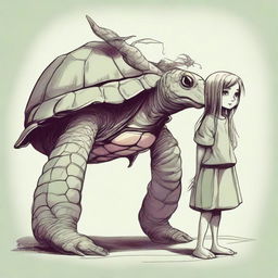 Fantasy creature with the body of a turtle and the head of a young girl, creating a unique monster.