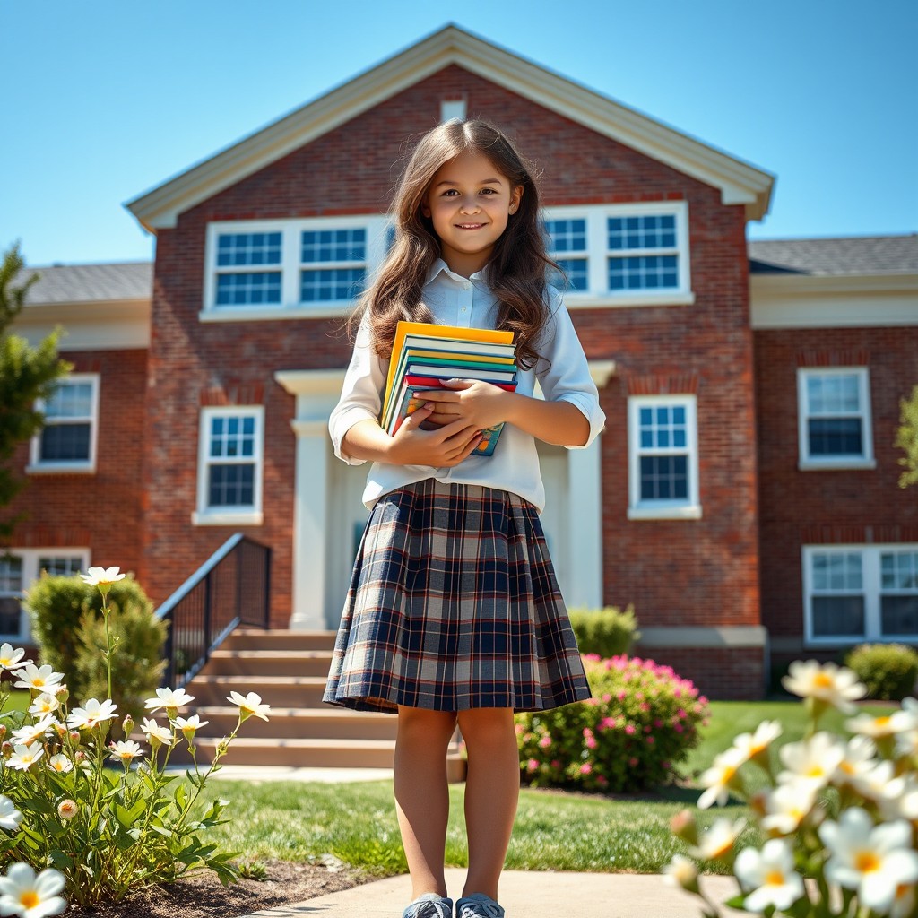 A school girl standing in front of a classic brick school building, wearing a smart plaid skirt and a crisp white blouse, carrying a stack of colorful books in her arms