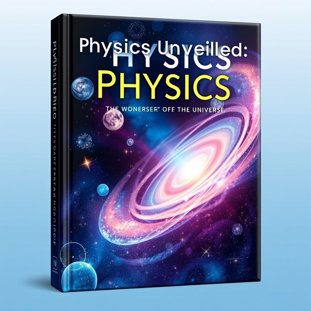 A captivating book cover design for a physics textbook, featuring an abstract representation of space with stars, galaxies, and a swirling nebula