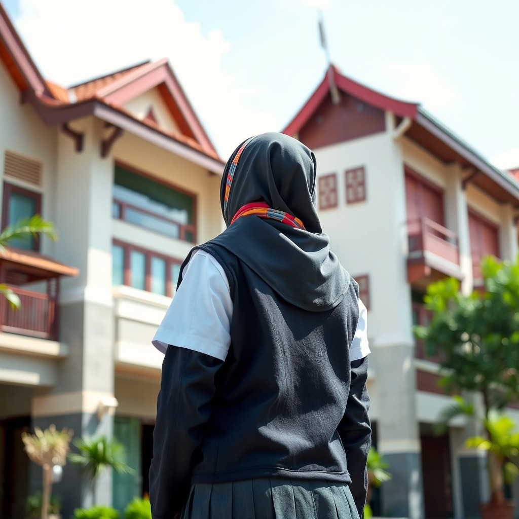 A stylish schoolgirl in Malaysia wearing a hijab, standing confidently with her back facing the viewer