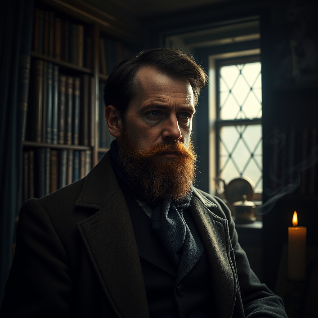A moody and atmospheric portrait of Fyodor Dostoevsky, set in 19th century Russia