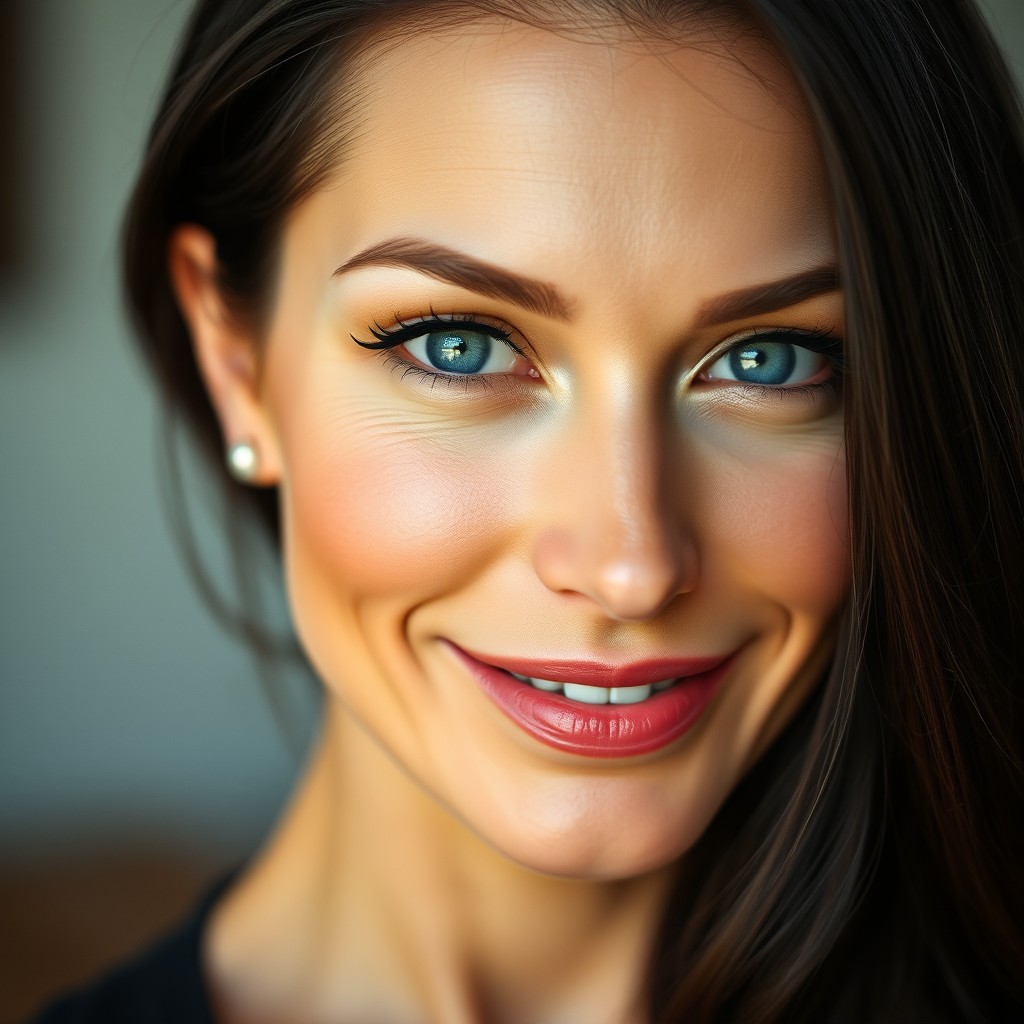 A striking portrait of a 32-year-old woman with captivating blue eyes and dark hair, styled elegantly, radiating confidence and charm