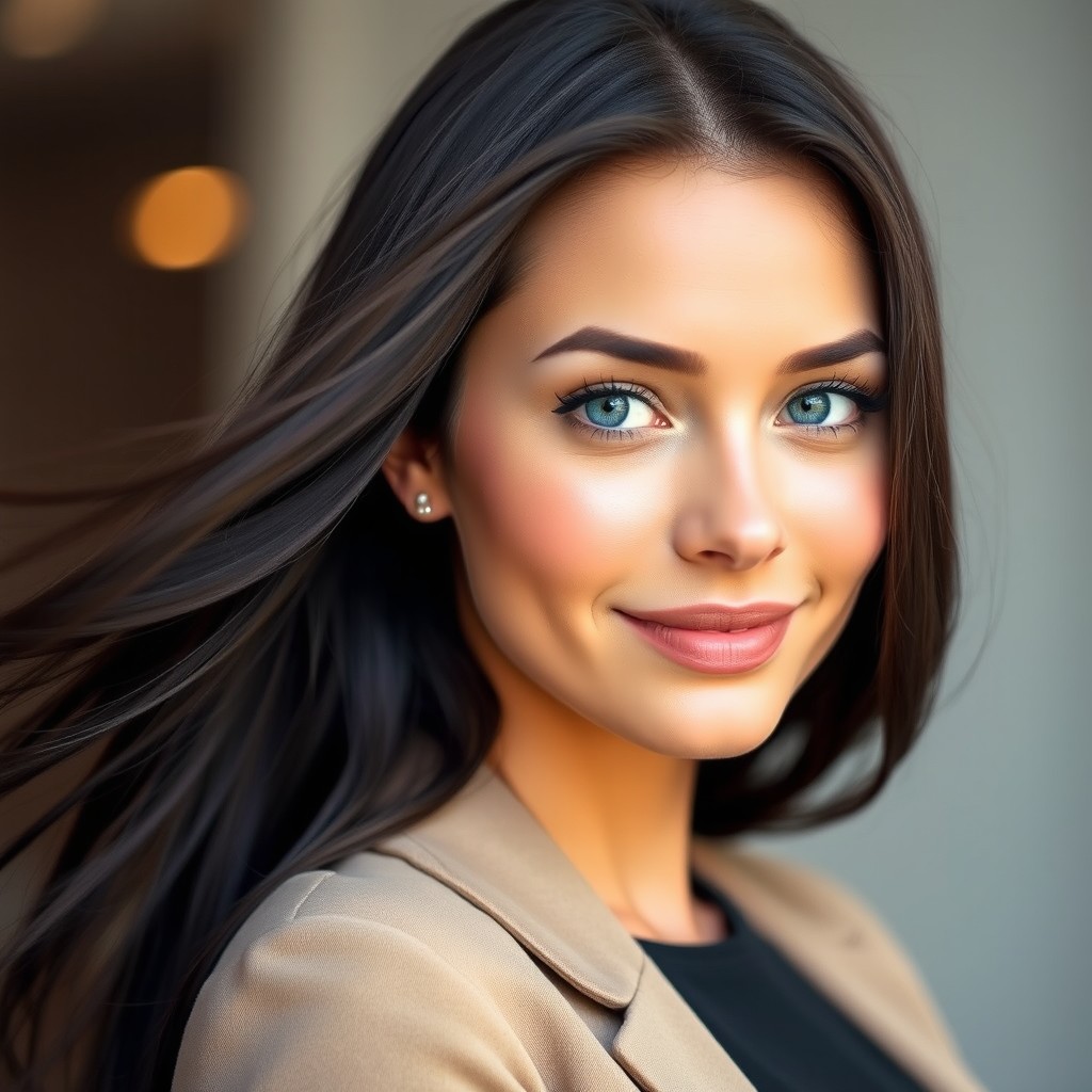 A striking portrait of a 32-year-old woman with mesmerizing blue eyes and flowing dark hair, styled beautifully to frame her face