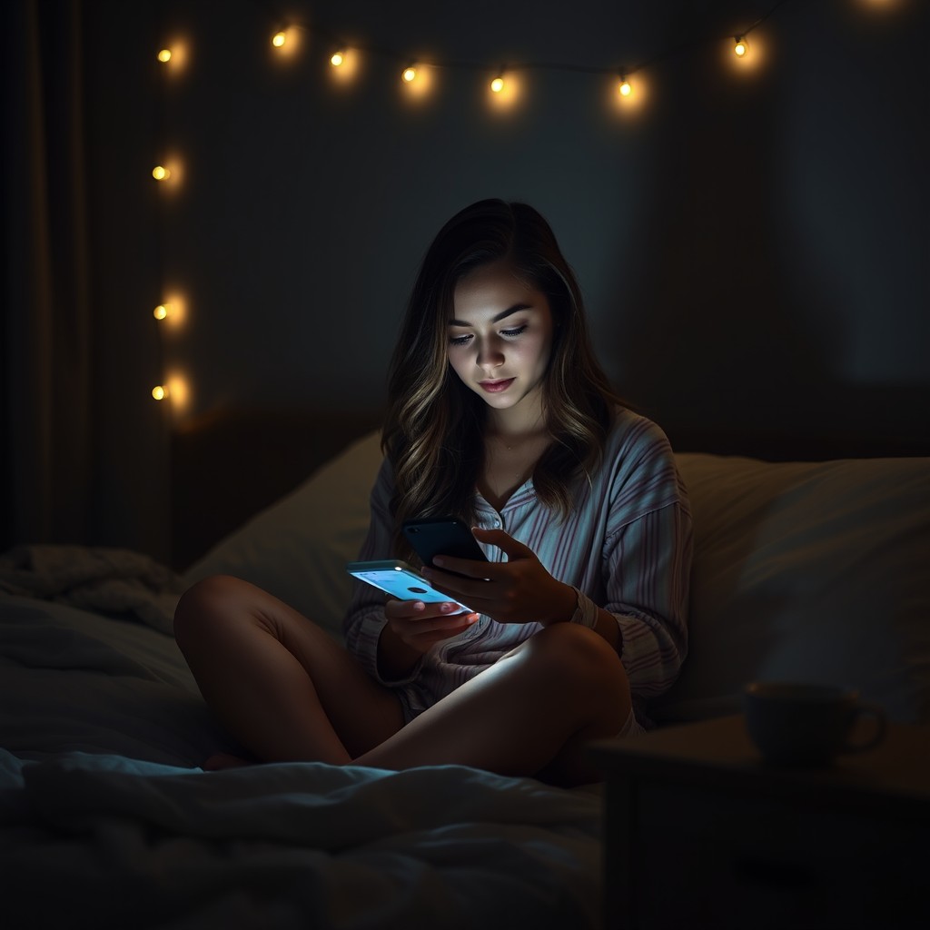 A cozy scene depicting a young adult sitting on a bed in a dimly lit room late at night, illuminated by the soft glow of their smartphone screen