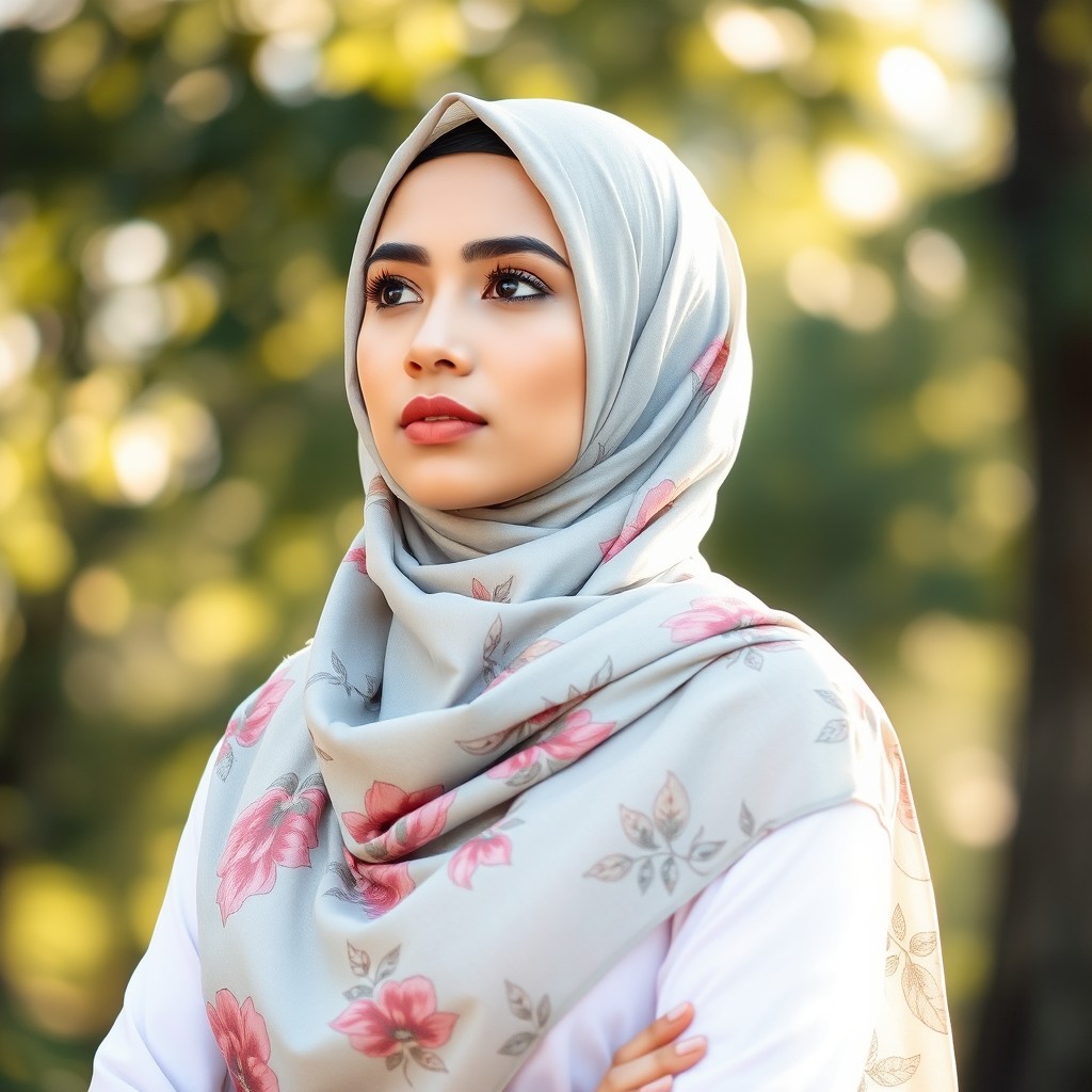 A thoughtful and stylish young woman wearing a beautifully designed hijab in an outdoor setting