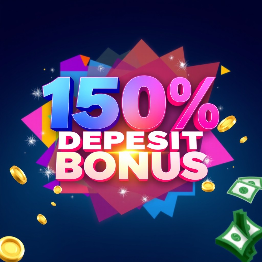 A vibrant and eye-catching promotional banner showcasing a '150% Deposit Bonus' in bold, modern typography