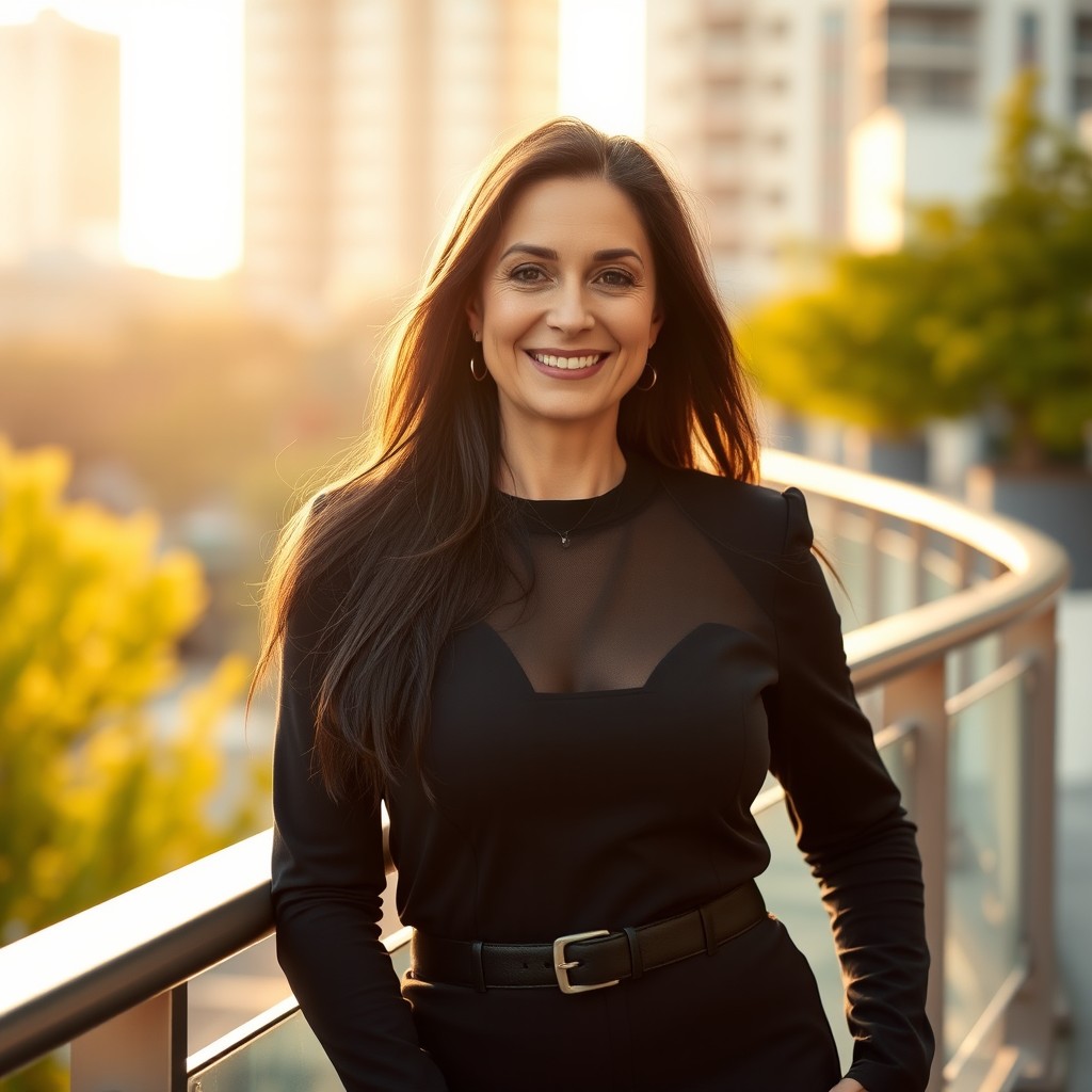 A confident and elegant mature woman, in her early 50s, with long, flowing dark hair, dressed in a stylish and form-fitting outfit