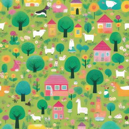 A vibrant, color-saturated world overflowing with symbols of happiness: joyful people, cheerful animals, lush green parks, vibrant sunny skies, and blooming flowers everywhere.