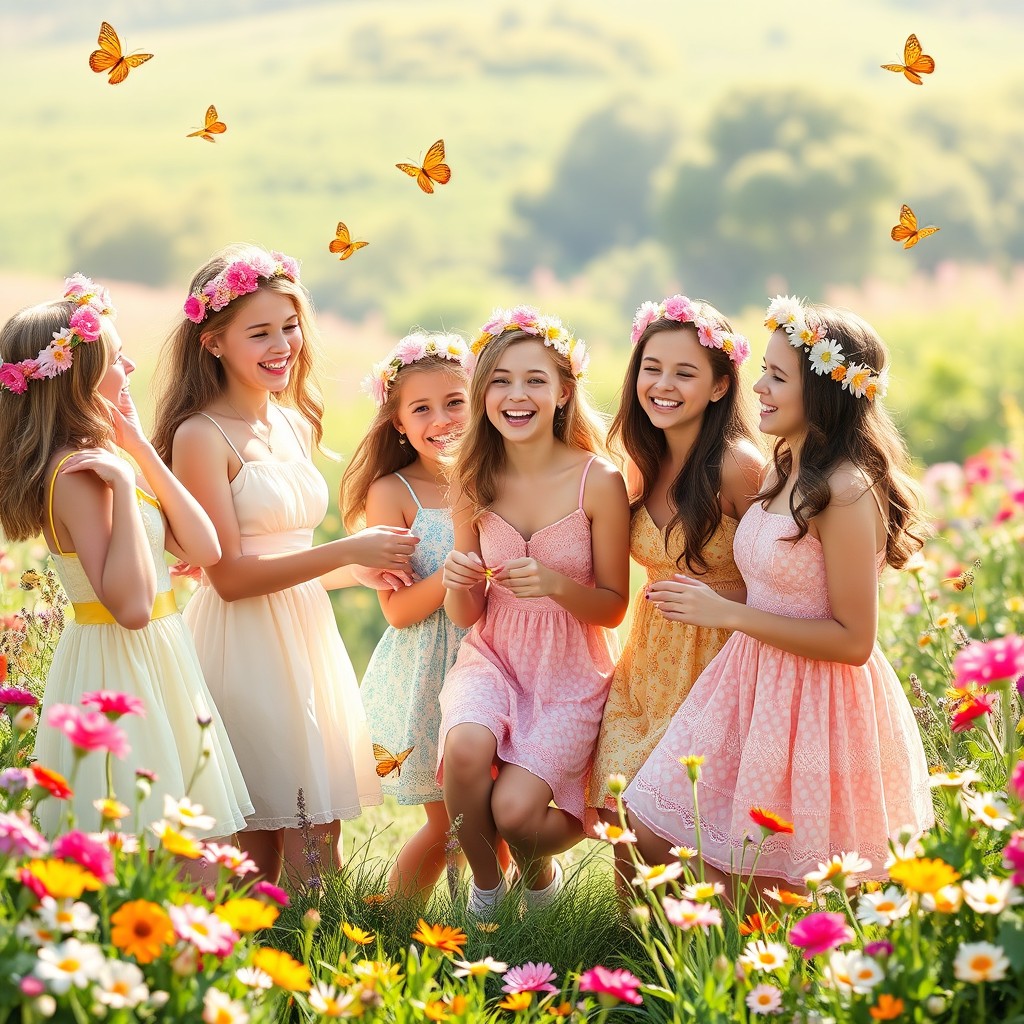 A whimsical scene depicting a group of cheerful young women celebrating their coming of age in a picturesque garden filled with colorful flowers and soft sunlight