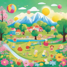 A vibrant, color-saturated world overflowing with symbols of happiness: joyful people, cheerful animals, lush green parks, vibrant sunny skies, and blooming flowers everywhere.