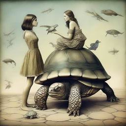 Imaginative image depicting a creature with the body of a turtle and the head of a girl, combining elements of fantasy and surrealism