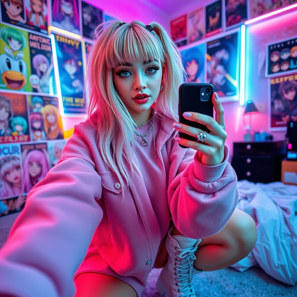 A stylish egirl with pastel hair, wearing chunky platform boots and oversized oversized clothing typical for internet culture