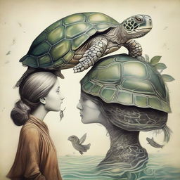 Imaginative image depicting a creature with the body of a turtle and the head of a girl, combining elements of fantasy and surrealism