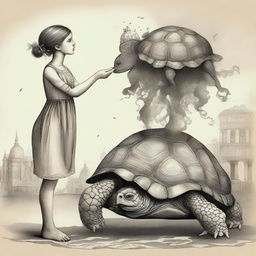 Imaginative image depicting a creature with the body of a turtle and the head of a girl, combining elements of fantasy and surrealism