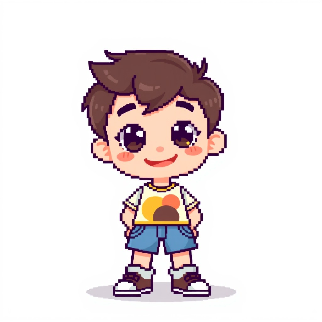 A cute, pixelated 64x64 character design of a boy, featuring bright colors and a cheerful expression