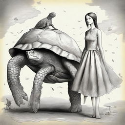 Imaginative image depicting a creature with the body of a turtle and the head of a girl, combining elements of fantasy and surrealism