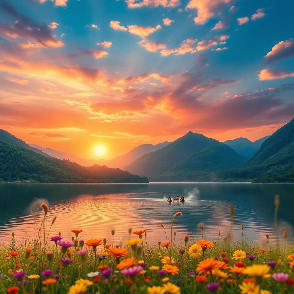 A serene landscape featuring a breathtaking sunset over a tranquil lake surrounded by lush green mountains