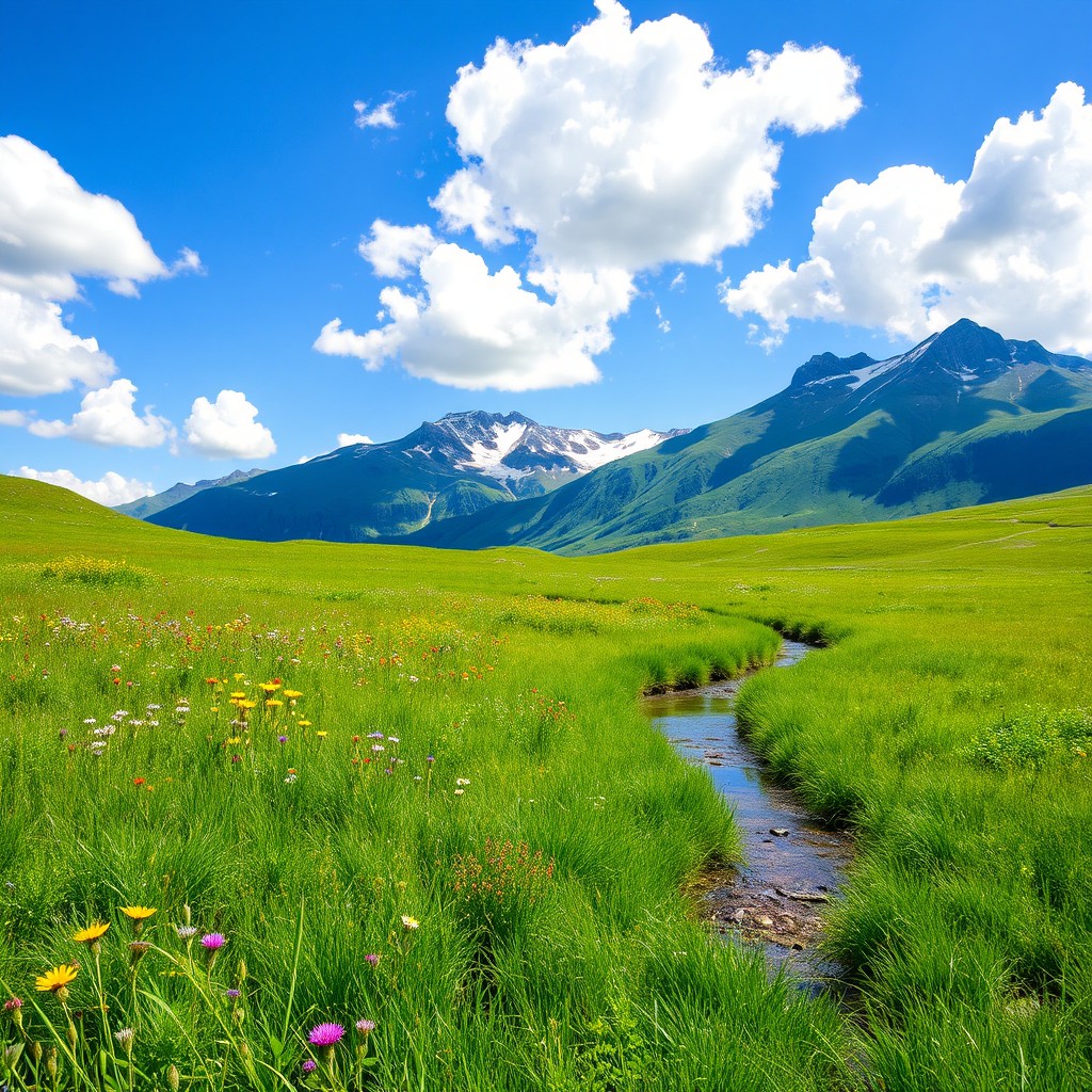 A serene and picturesque landscape featuring a lush green meadow under a clear blue sky, with fluffy white clouds drifting lazily