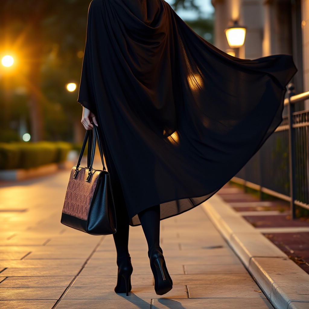 A chadori woman walking slowly on the sidewalk at night, elegantly draped in a flowing chador