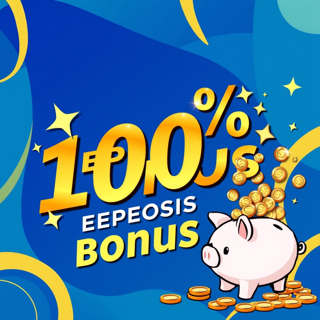 An eye-catching graphic design representing a 100% deposit bonus for a financial or online betting service
