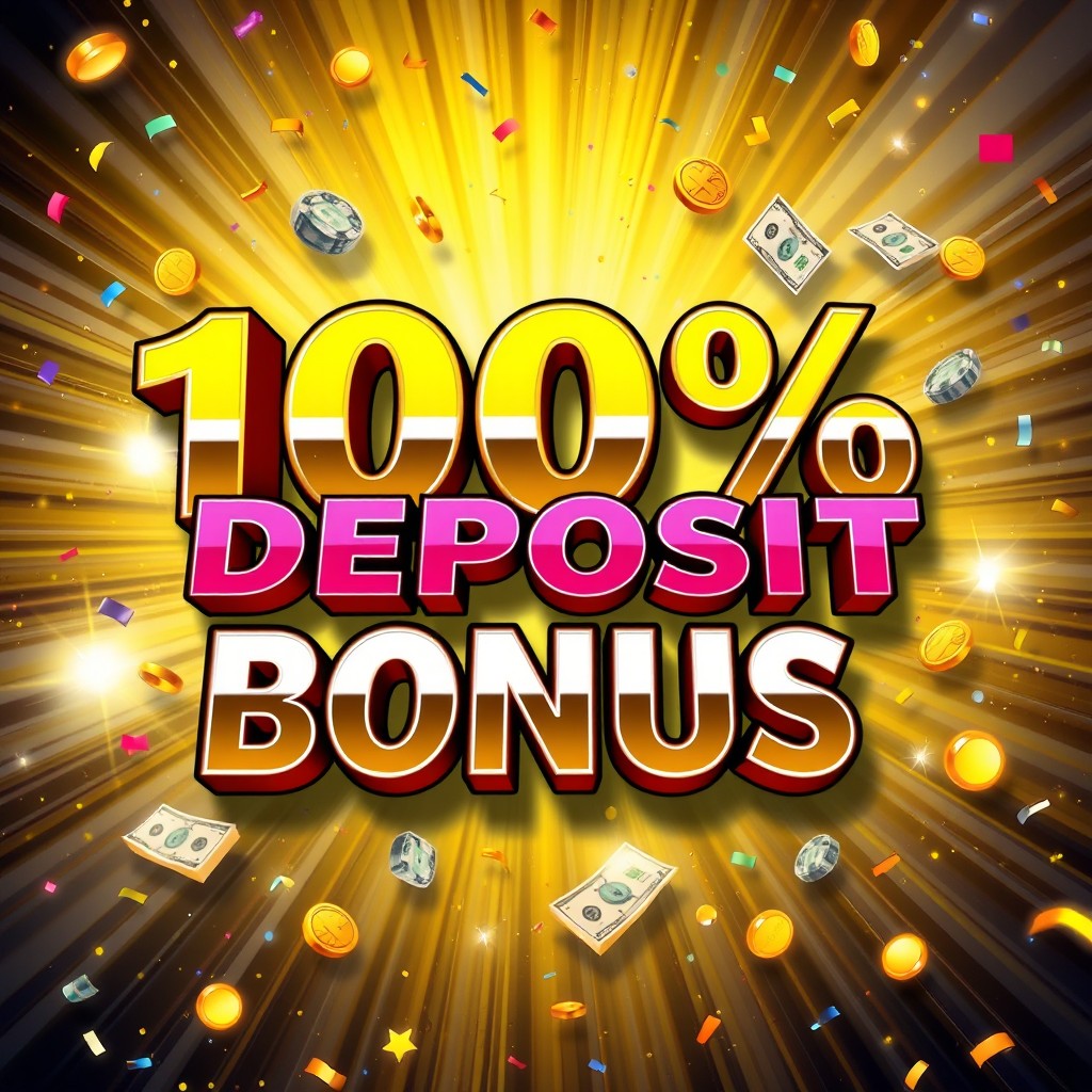 A vibrant and enticing graphic design showcasing a bold and colorful text that reads '100% Deposit Bonus'