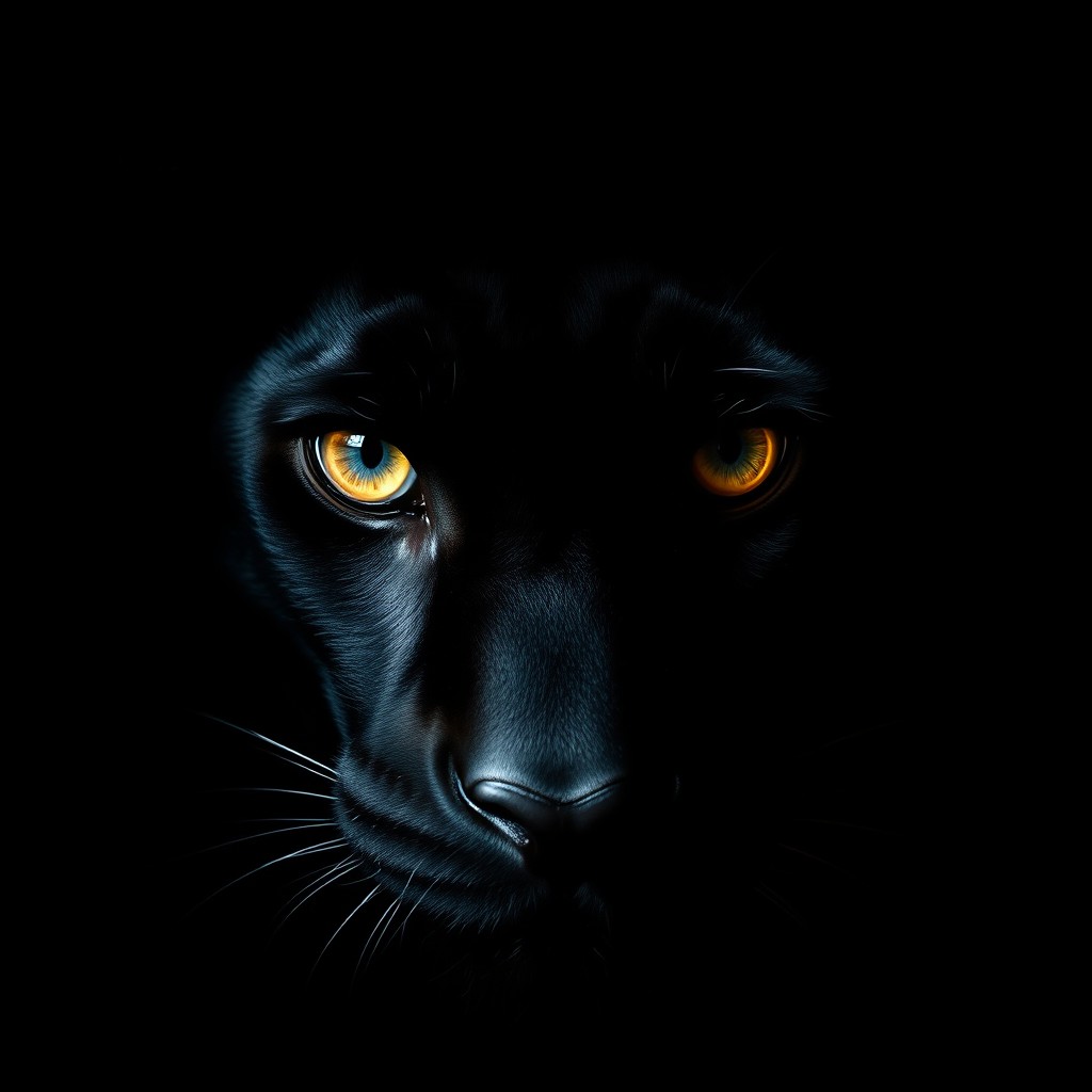 A macro close-up of a black panther's piercing glowing eyes staring intensely from an absolute pitch-black darkness