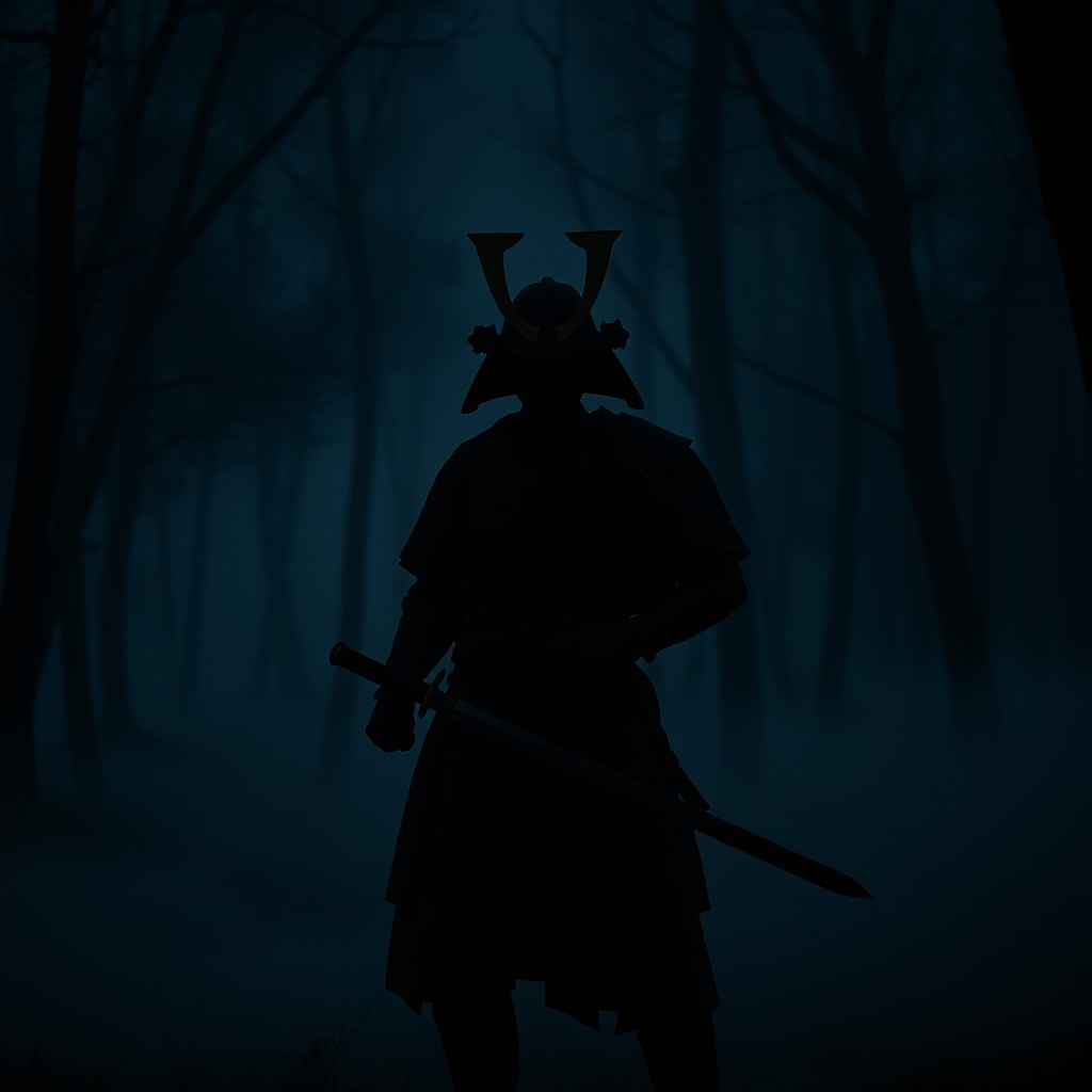 A silhouette of a samurai warrior standing majestically in a dark, mystical, foggy forest at night