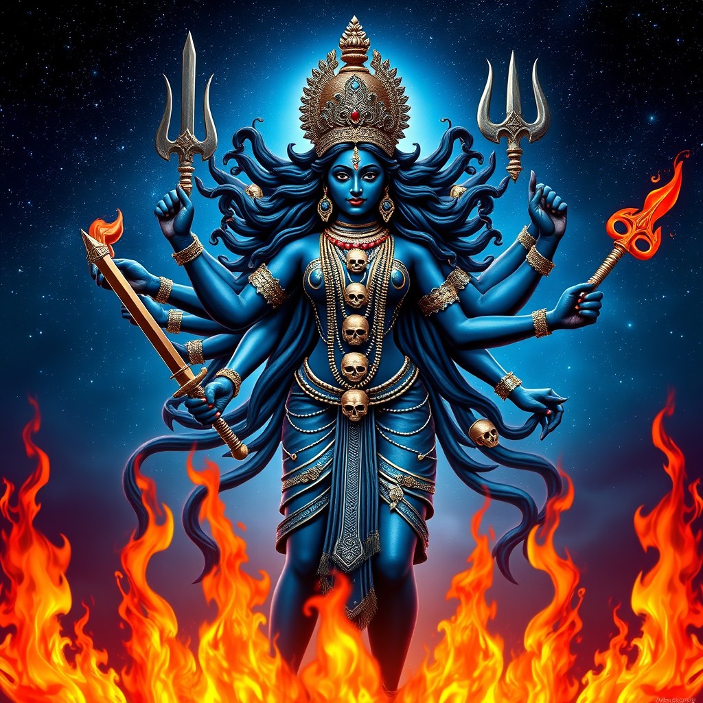 A majestic portrayal of Goddess Kali in her original form, standing fiercely with a powerful presence