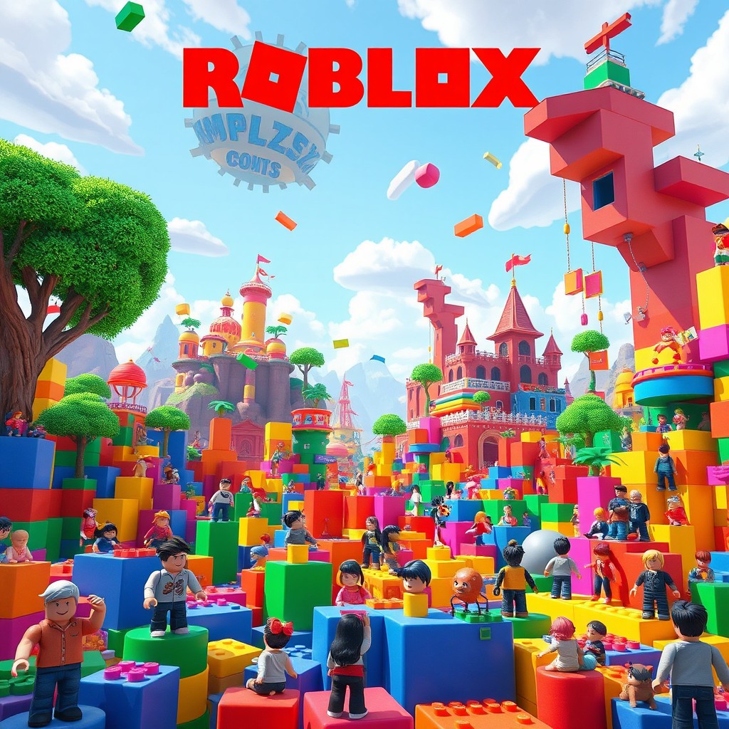 A vibrant and exciting Roblox world filled with colorful blocks, towering structures, and playful avatars