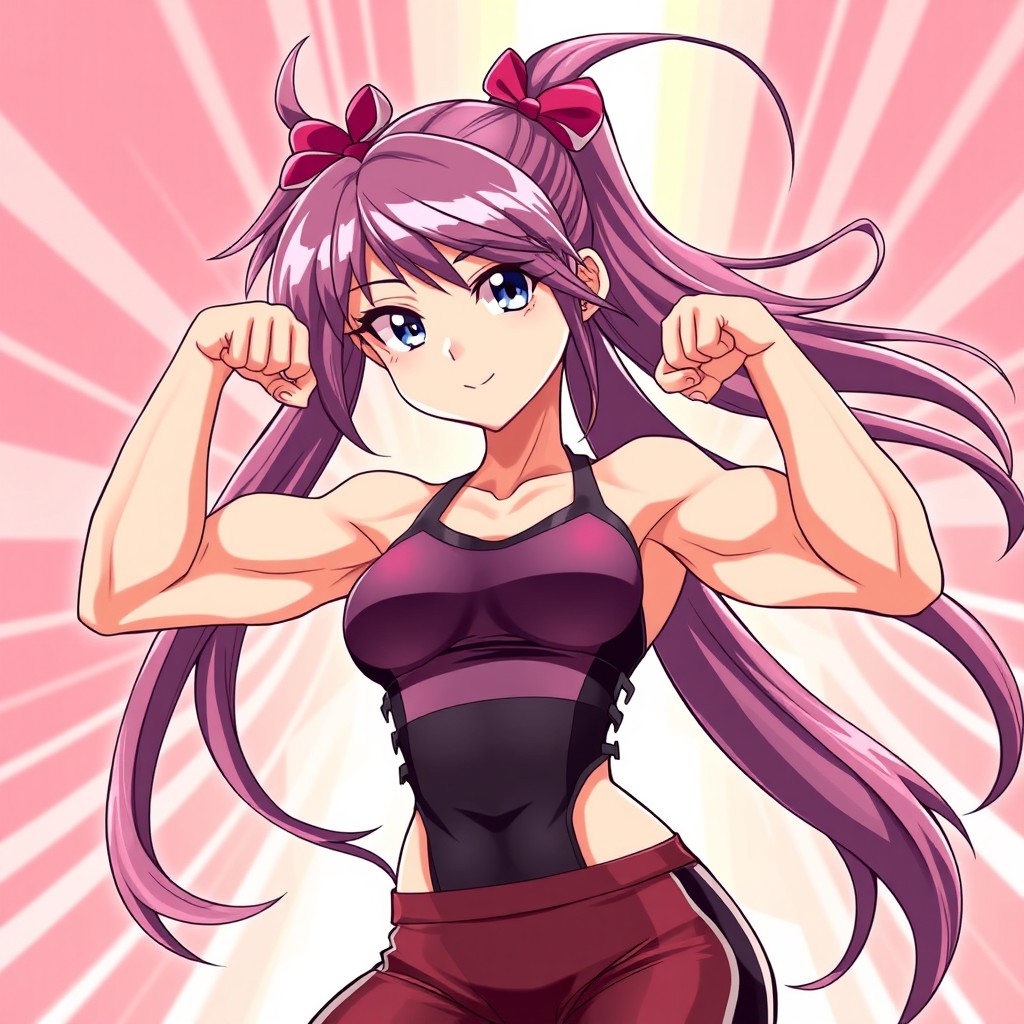 A muscular anime girl confidently flexing her biceps, showcasing her impressive physique