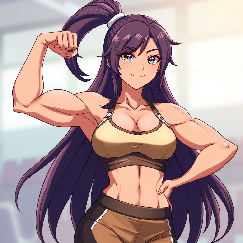 A muscular anime girl confidently flexing her biceps with one hand on her hip, showcasing her impressive physique and strength
