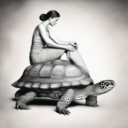 Create a creature with the body of a turtle and the head of a woman, blending both aspects harmoniously.