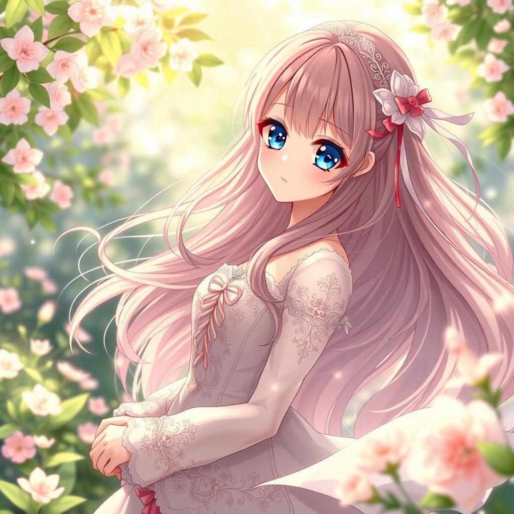 A very beautiful anime girl with long, flowing hair and captivatingly beautiful eyes, wearing an exquisite dress adorned with intricate details