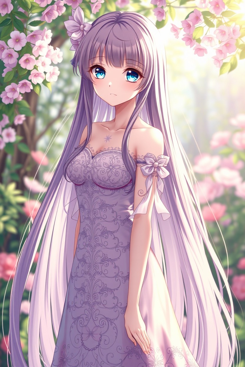 A very beautiful anime girl with long, flowing hair and captivatingly beautiful eyes, standing gracefully