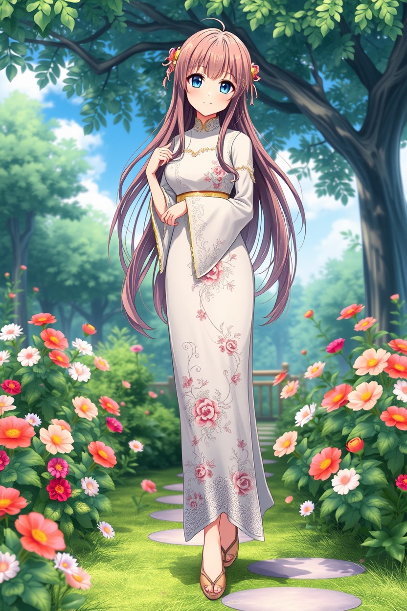 A beautiful anime girl standing gracefully in a lush garden, dressed in an exquisite Chinese traditional dress featuring fine embroidery that showcases intricate floral designs
